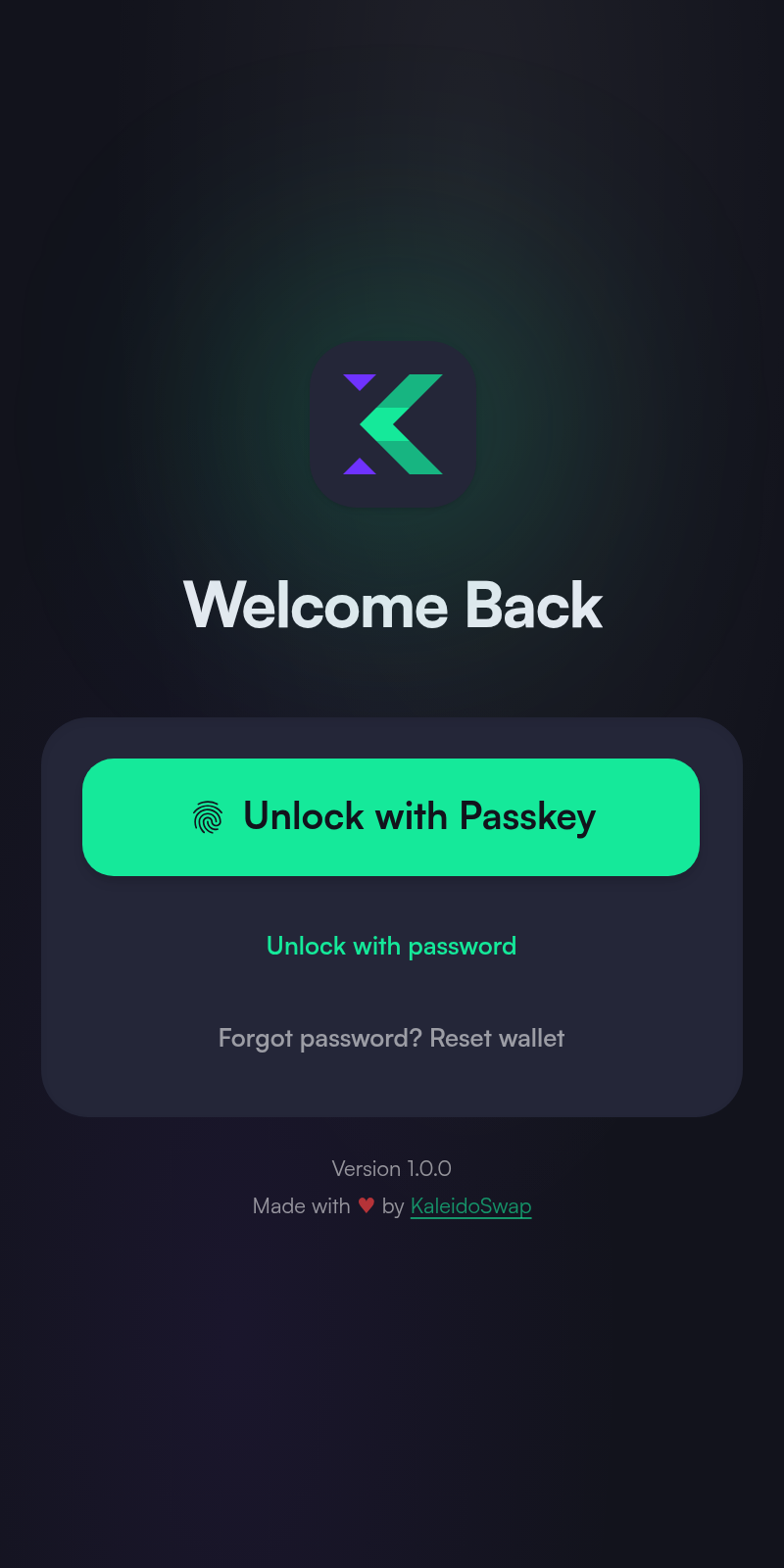 Welcome Back lock screen with Unlock with Passkey as the primary action and an Unlock with password fallback