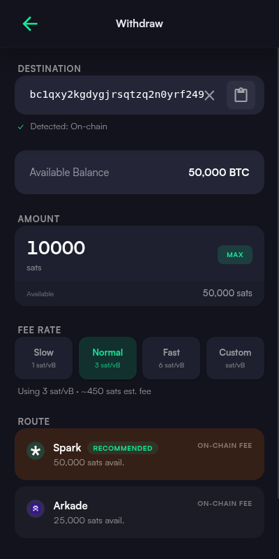 Send screen with an on-chain destination detected, amount in sats, fee rate options, and the suggested route across Spark and Arkade