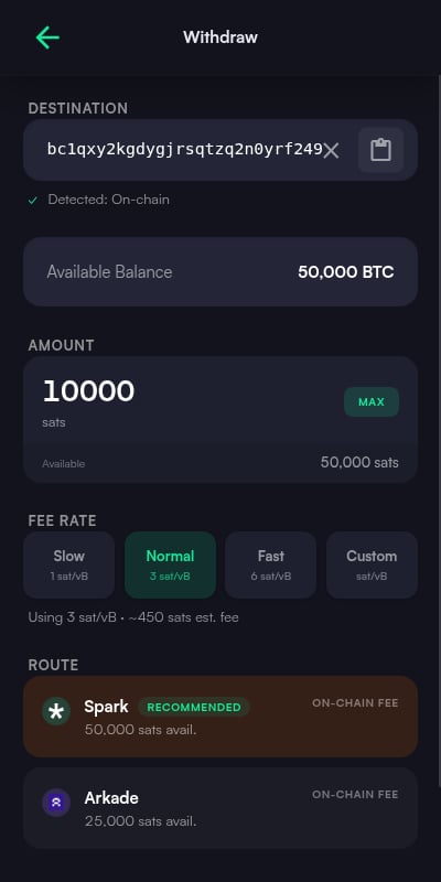 Send screen with an on-chain destination detected, amount in sats, fee rate options, and the suggested route across Spark and Arkade