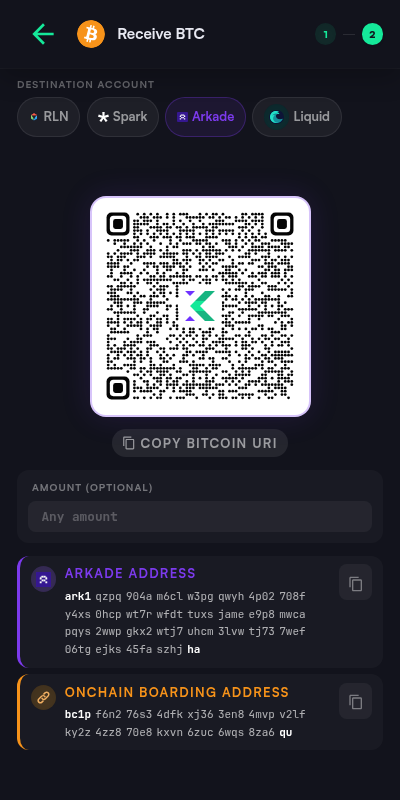 Receive BTC screen with a QR code, destination account tabs for RLN, Spark, Arkade, and Liquid, and the generated Arkade and on-chain boarding addresses