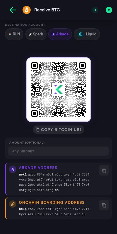 Receive BTC screen with a QR code, destination account tabs for RLN, Spark, Arkade, and Liquid, and the generated Arkade and on-chain boarding addresses