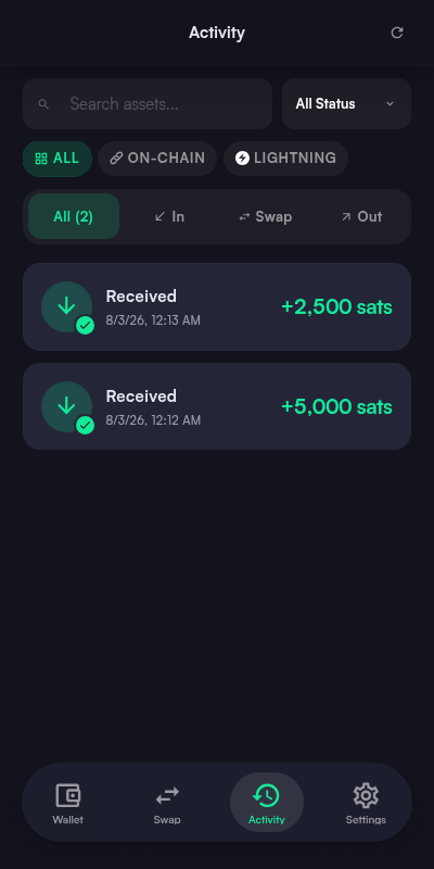 Activity tab listing received transactions with amount and timestamp, filtered by all, on-chain, or Lightning