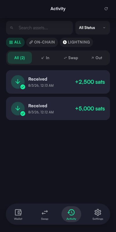 Activity tab listing received transactions with amount and timestamp, filtered by all, on-chain, or Lightning