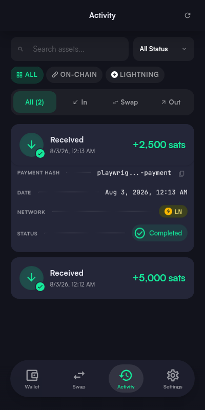 Expanded transaction detail showing payment hash, date, carrier network, and completed status
