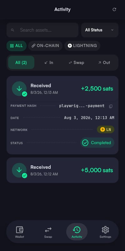 Expanded transaction detail showing payment hash, date, carrier network, and completed status