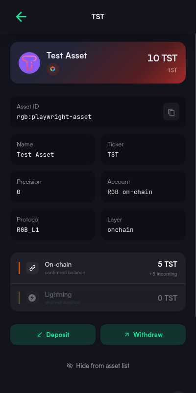Asset detail view for an RGB asset showing asset ID, ticker, precision, account, protocol, layer, and on-chain versus Lightning balances