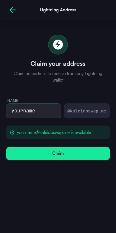 Claim your address screen with a name field, the kaleidoswap.me suffix, and a live availability check