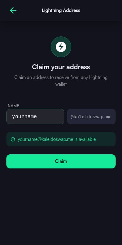Claim your address screen with a name field, the kaleidoswap.me suffix, and a live availability check