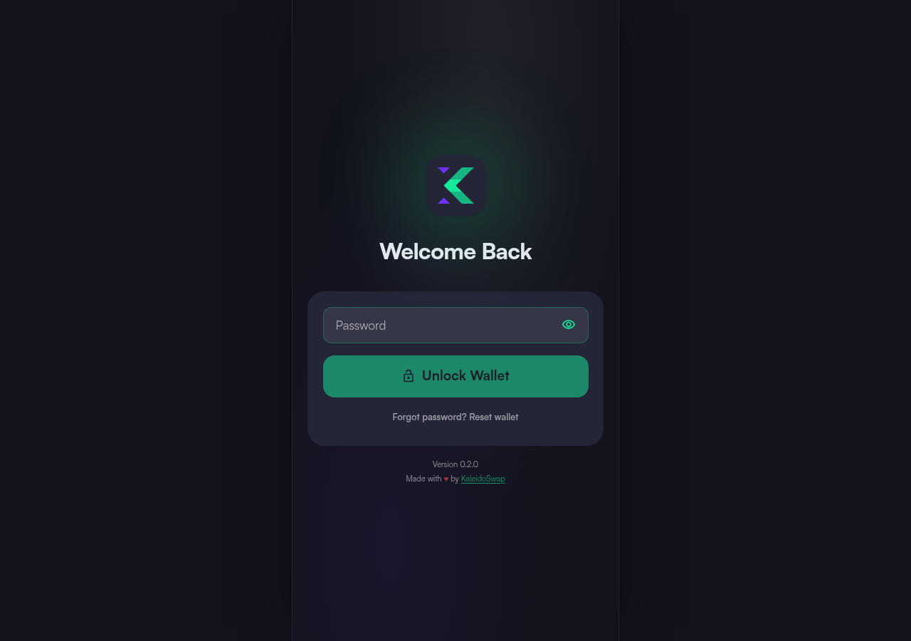 The wallet running as a full browser tab instead of the side panel, showing the unlock screen at full width
