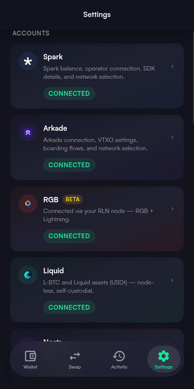 Settings Accounts section with Spark, Arkade, RGB, and Liquid each showing a connected status