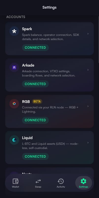 Settings Accounts section with Spark, Arkade, RGB, and Liquid each showing a connected status
