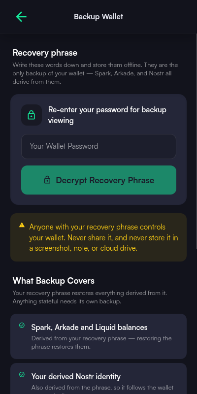 Backup Wallet screen requiring the password before decrypting the recovery phrase, with a warning and a summary of what the backup covers