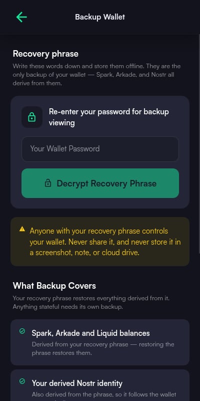 Backup Wallet screen requiring the password before decrypting the recovery phrase, with a warning and a summary of what the backup covers