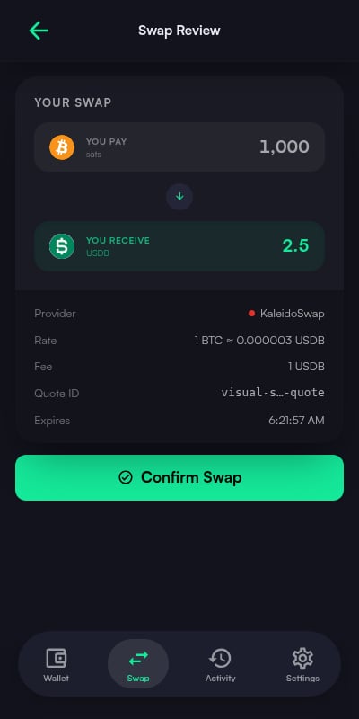 Swap Review screen showing pay and receive amounts, provider, rate, fee, quote ID, and expiry above the Confirm Swap button