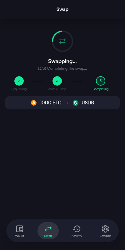Swap in progress with a three step tracker for requesting, atomic swap, and completing, showing the pair being exchanged