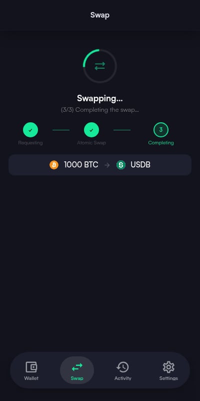 Swap in progress with a three step tracker for requesting, atomic swap, and completing, showing the pair being exchanged
