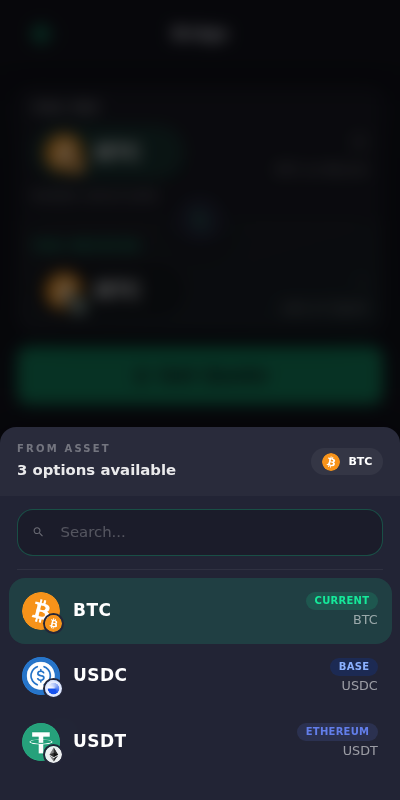 跨链桥源资产选择器，列出 BTC、Base 上的 USDC 和以太坊上的 USDT，并带有搜索框