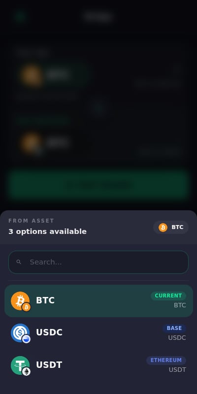 跨链桥源资产选择器,列出 BTC、Base 上的 USDC 和以太坊上的 USDT,并带有搜索框