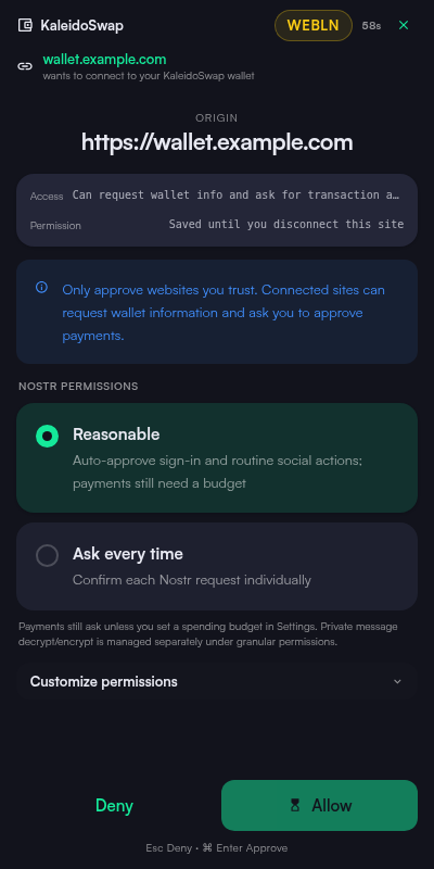Connection approval prompt showing the requesting site origin, the access it asks for, and the Reasonable consent default with Deny and Allow actions