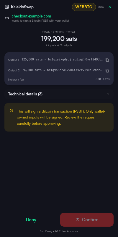 PSBT signing confirmation decoding the transaction total, each output with its destination and amount, and the network fee
