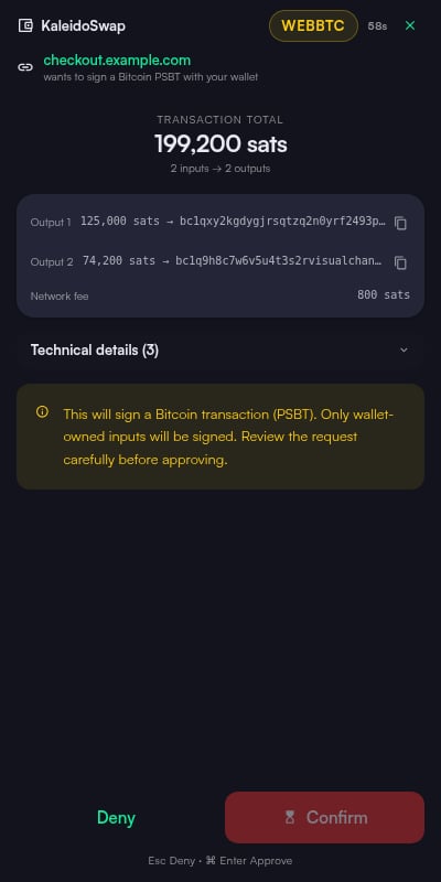 PSBT signing confirmation decoding the transaction total, each output with its destination and amount, and the network fee