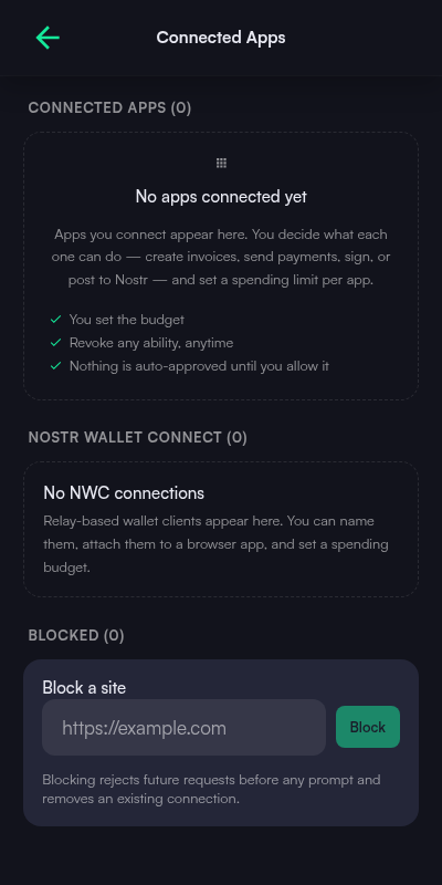 Connected Apps screen listing connected apps, Nostr Wallet Connect sessions, and a field to block a site
