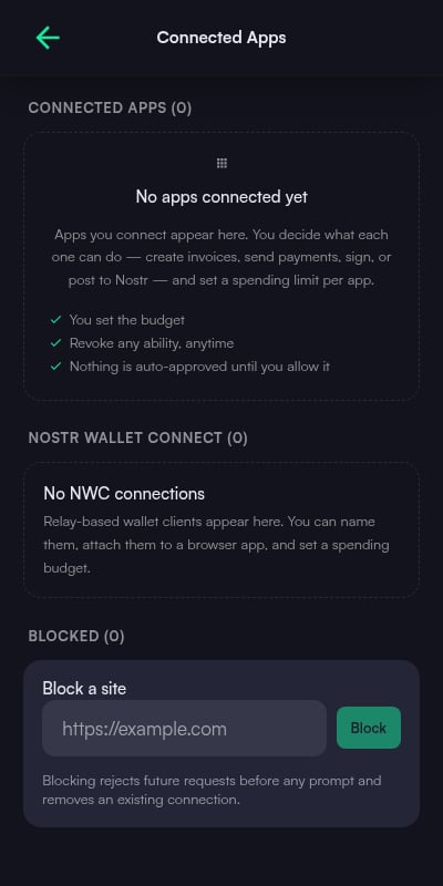 Connected Apps screen listing connected apps, Nostr Wallet Connect sessions, and a field to block a site