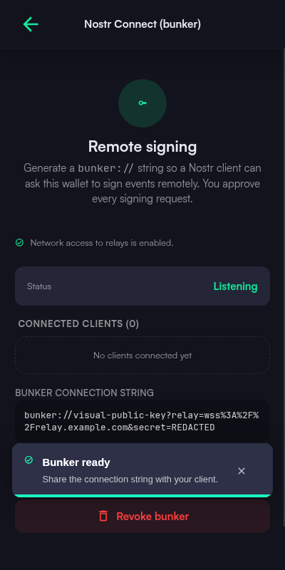 Nostr Connect remote signing screen with a listening status, the generated bunker connection string, and a revoke action
