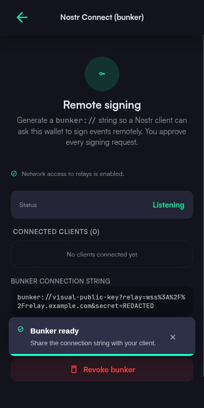Nostr Connect remote signing screen with a listening status, the generated bunker connection string, and a revoke action