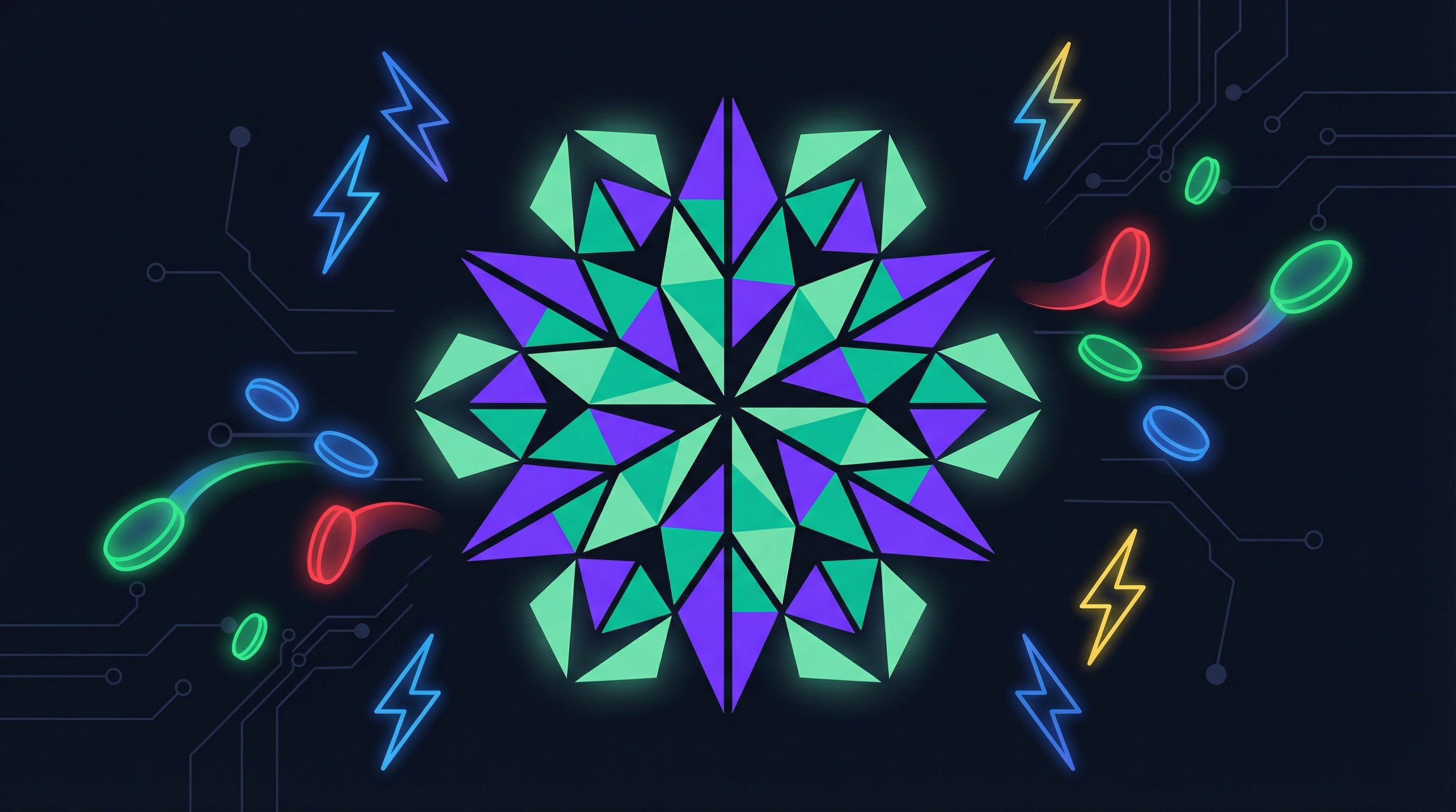 Abstract KaleidoSwap emblem: a faceted purple and green gem mark surrounded by lightning bolts and coin icons over a dark circuit-board background