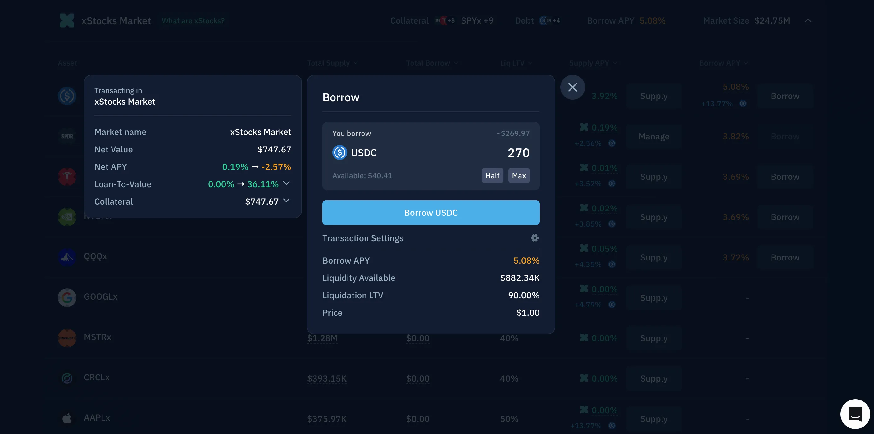 USDC borrow modal and position health information