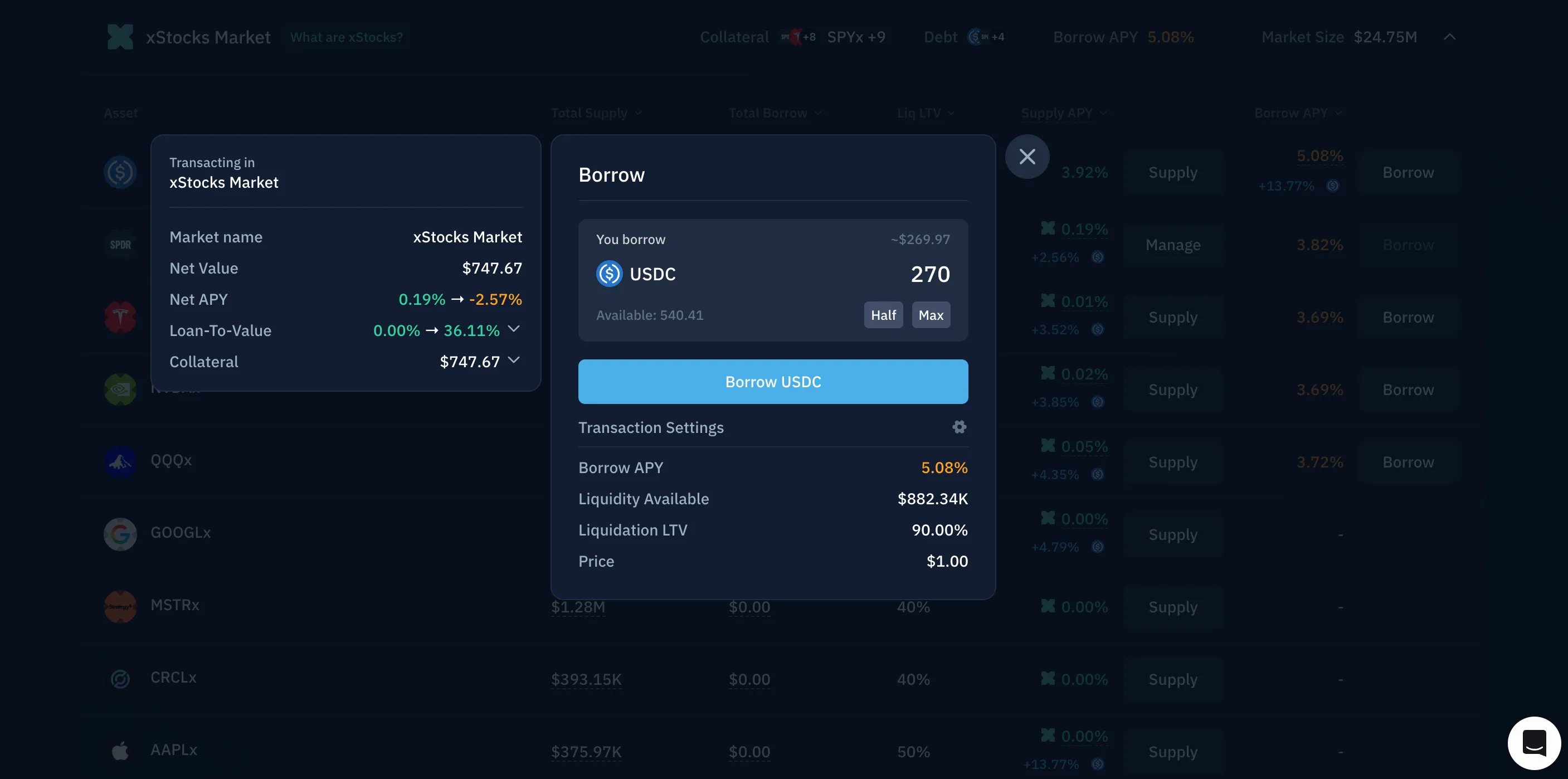 USDC borrow modal and position health information