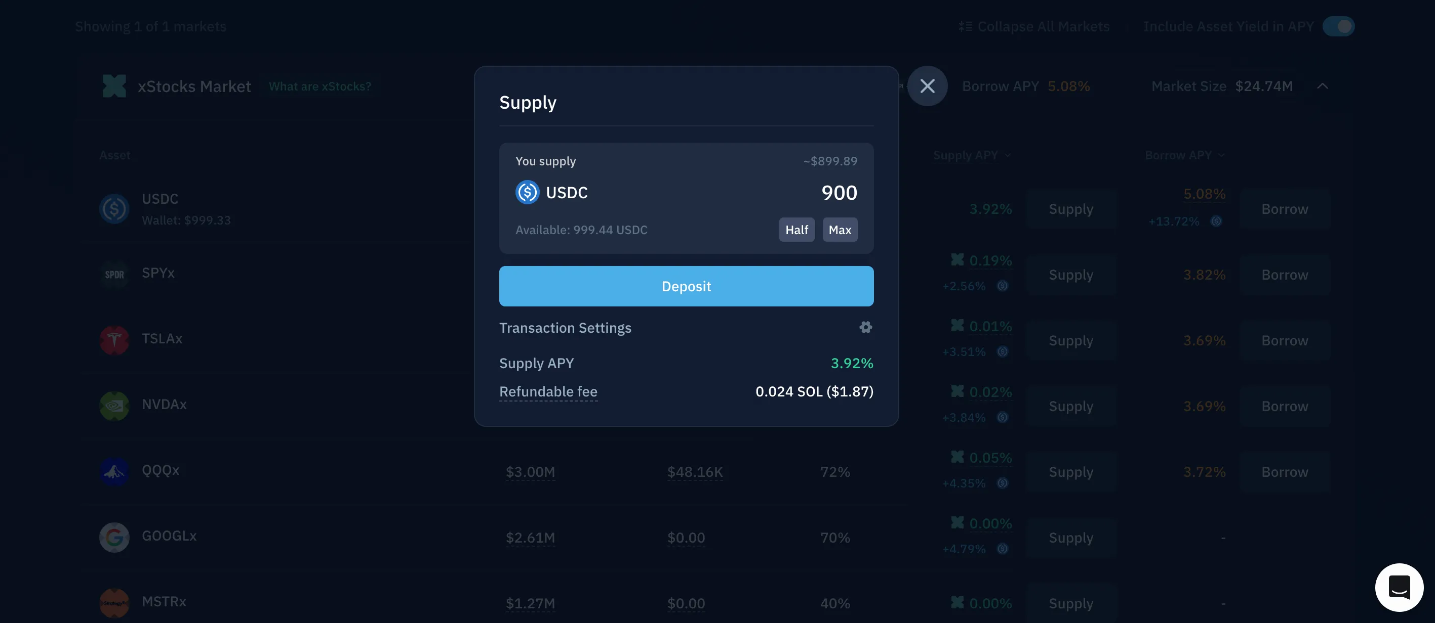 Supplying USDC in the xStocks Market