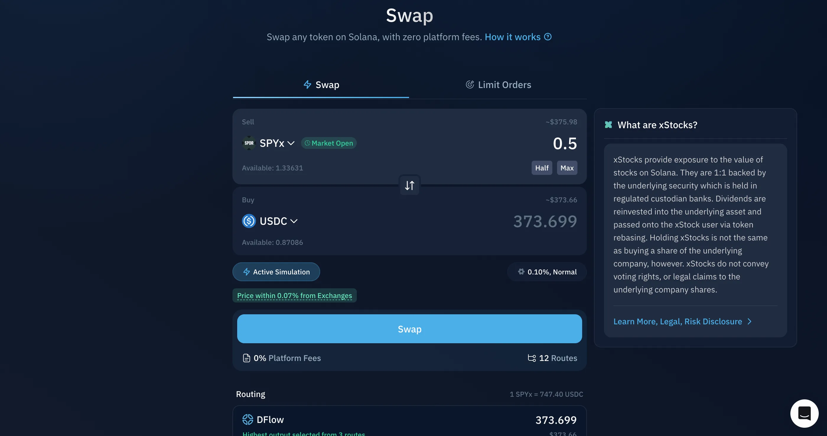 xStock-to-USDC swap