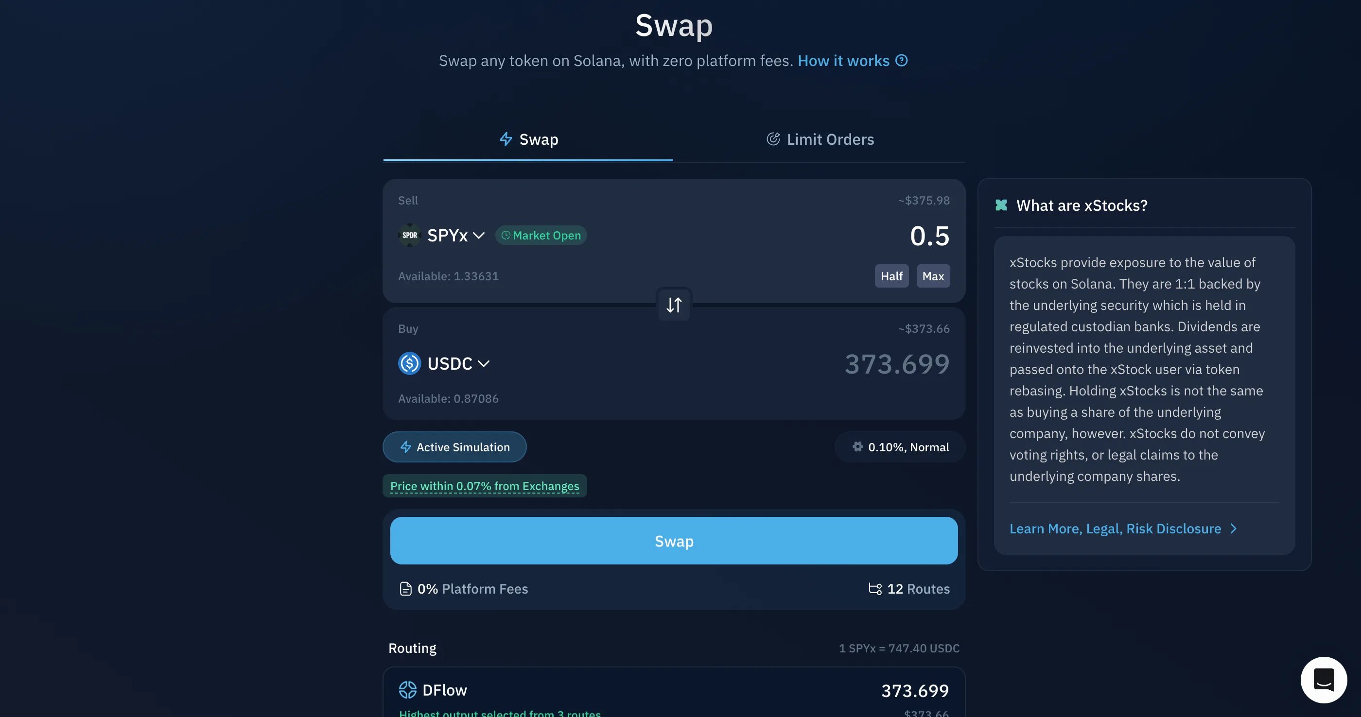 xStock-to-USDC swap