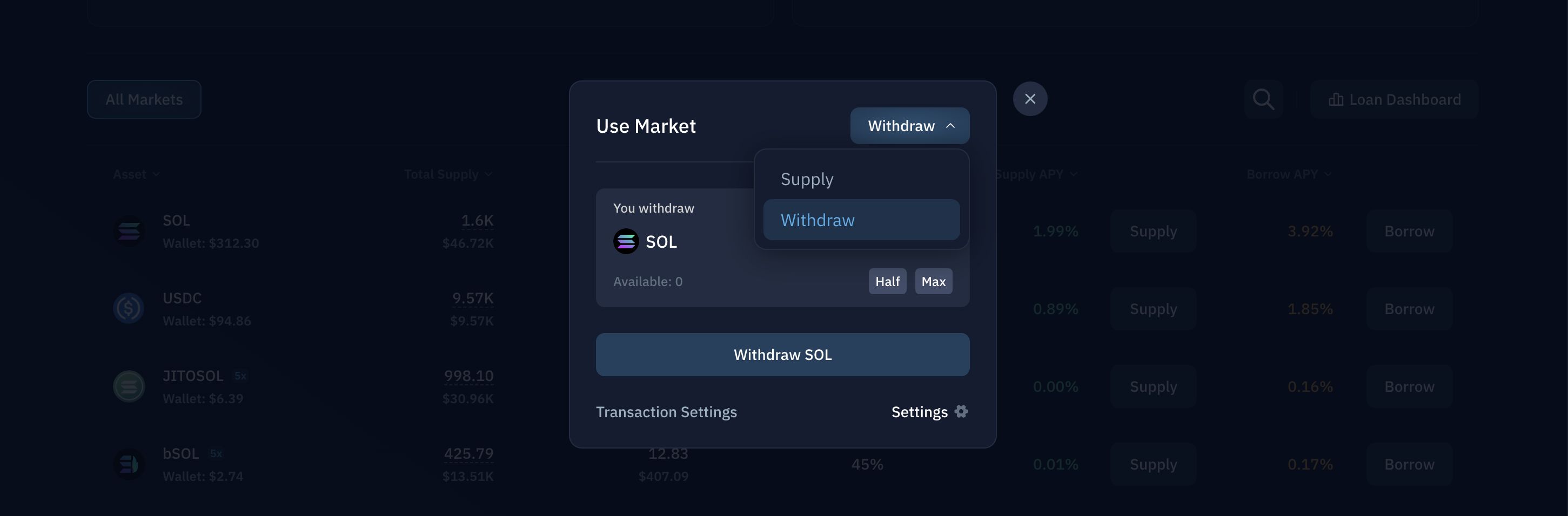 Deposit/Withdraw Dropdown