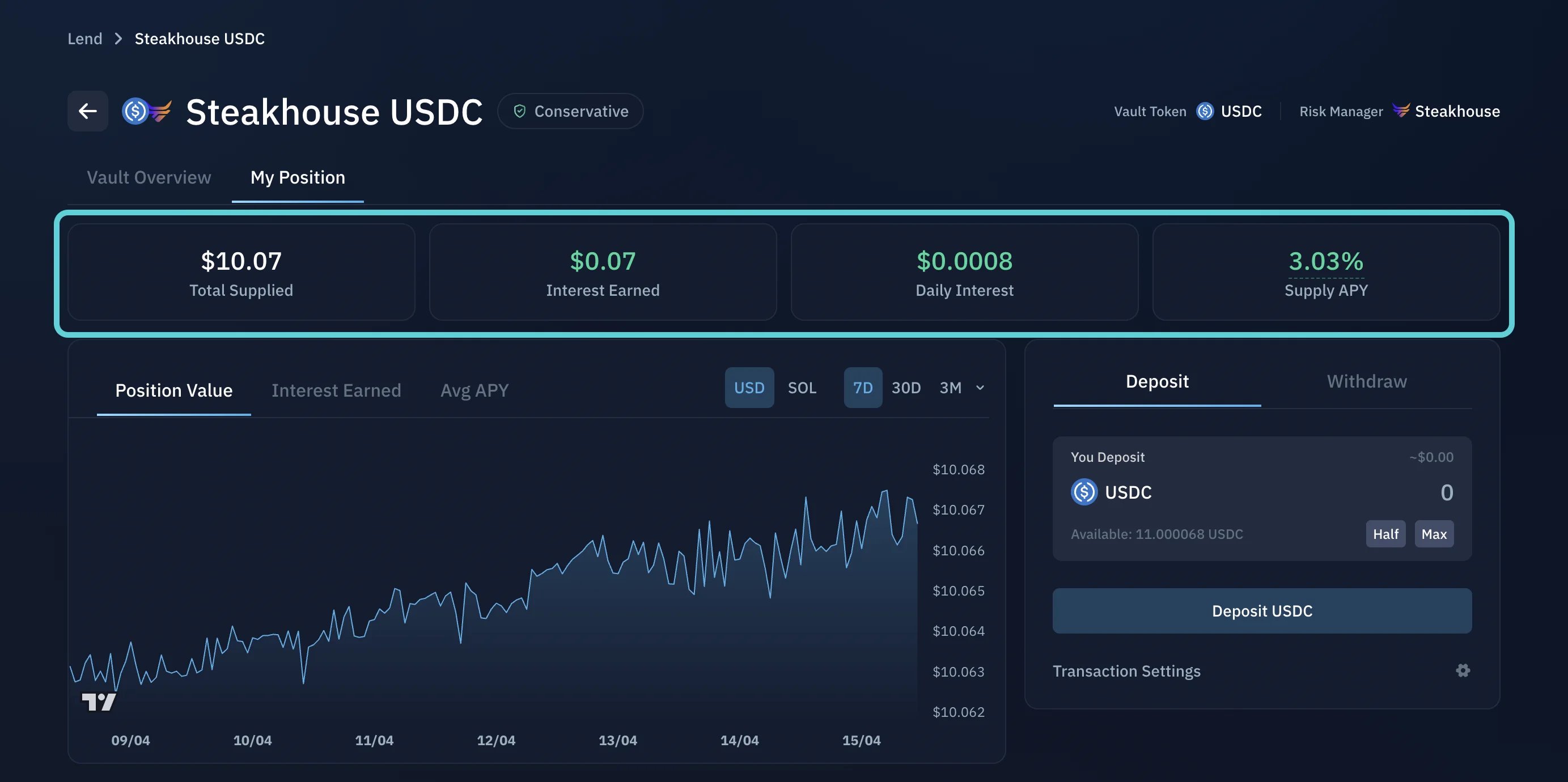 My Position panel in an Earn Vault