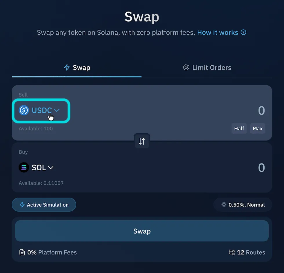 Select token to sell