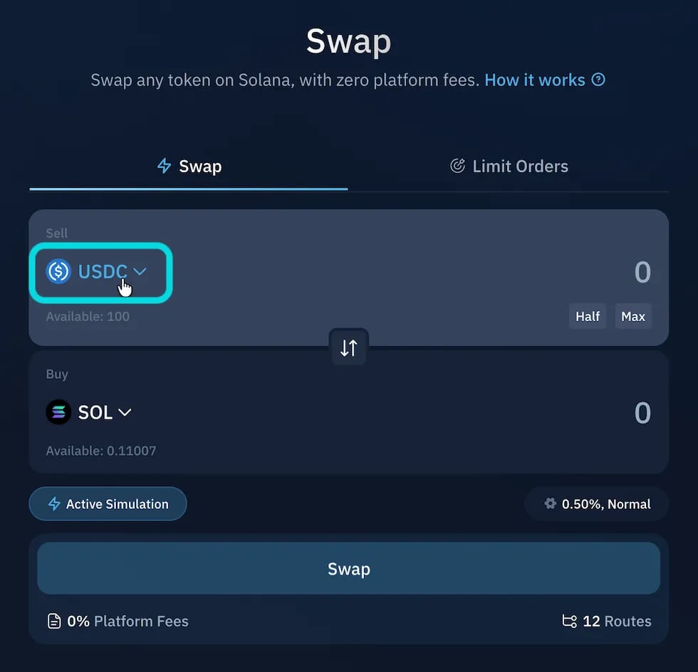 Select token to sell