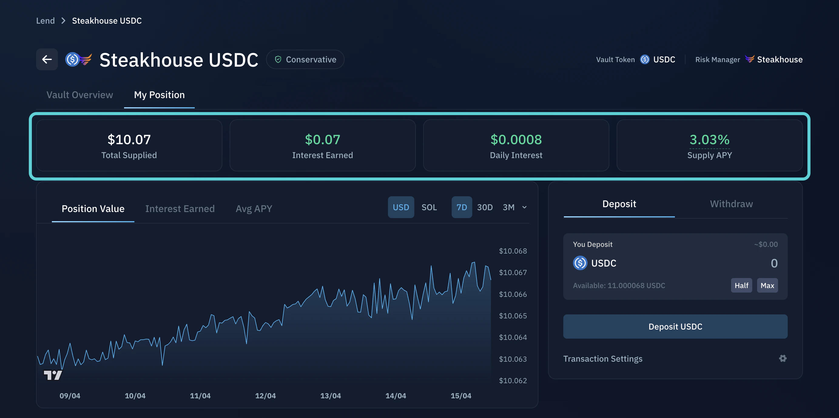 My Position panel in an Earn Vault