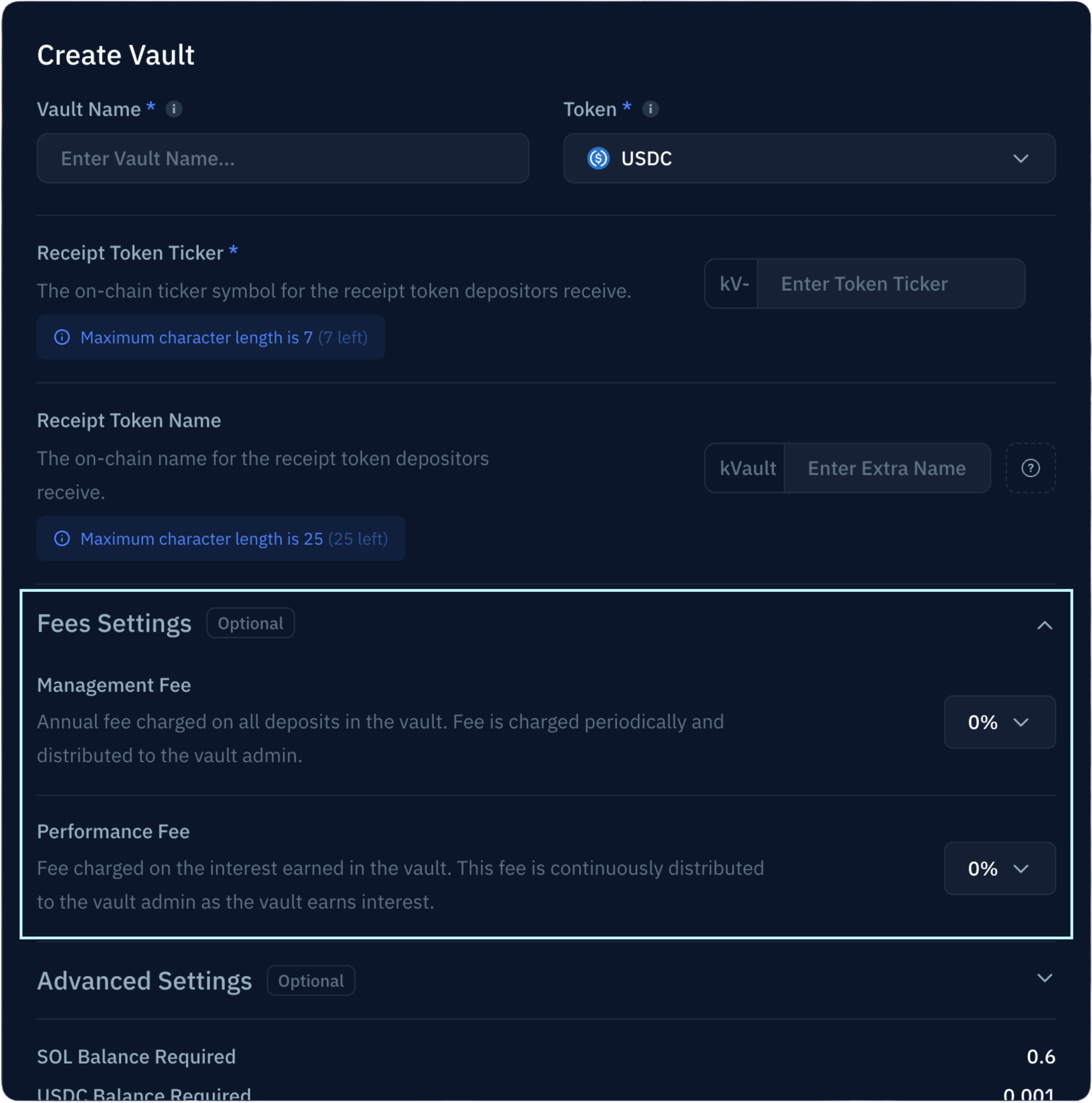 Fees Settings section