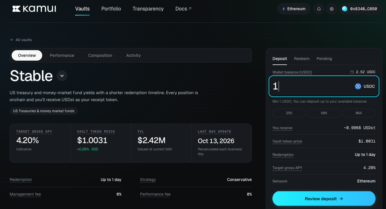 The vault page, with the vault overview on the left and the deposit panel on the right showing your USDC balance and the amount field
