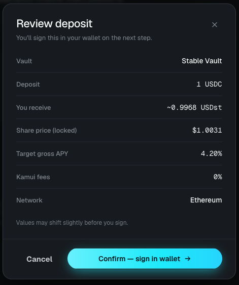 The Review deposit dialog showing the deposit amount, the receipt tokens to be received, the vault, the locked share price, the network, and the settlement window