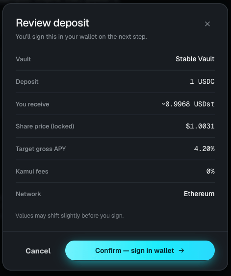 The Review deposit dialog showing the deposit amount, the receipt tokens to be received, the vault, the locked share price, the network, and the settlement window
