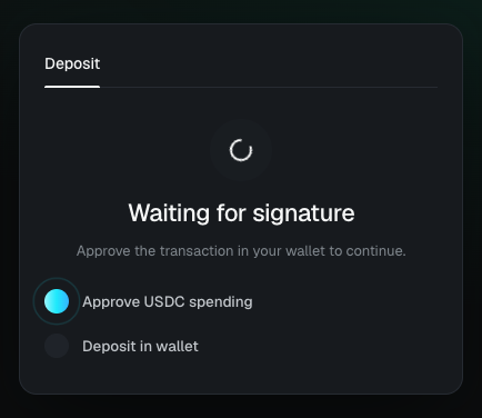 The panel showing Submitting deposit, Awaiting Ethereum confirmation, with the transaction hash and a confirmation counter