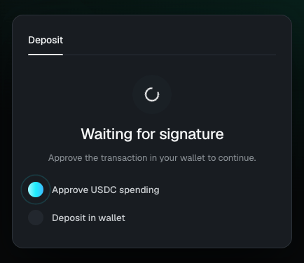 The panel showing Submitting deposit, Awaiting Ethereum confirmation, with the transaction hash and a confirmation counter