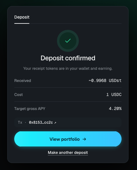 The panel showing Deposit confirmed with a View portfolio button and a Make another deposit link