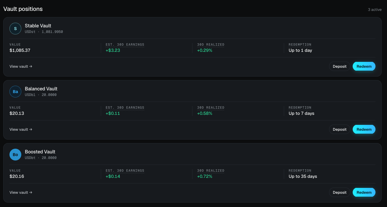 The Vault positions list showing an active position with value, earnings, 30-day yield, and withdrawal window, above the transaction history with Etherscan links
