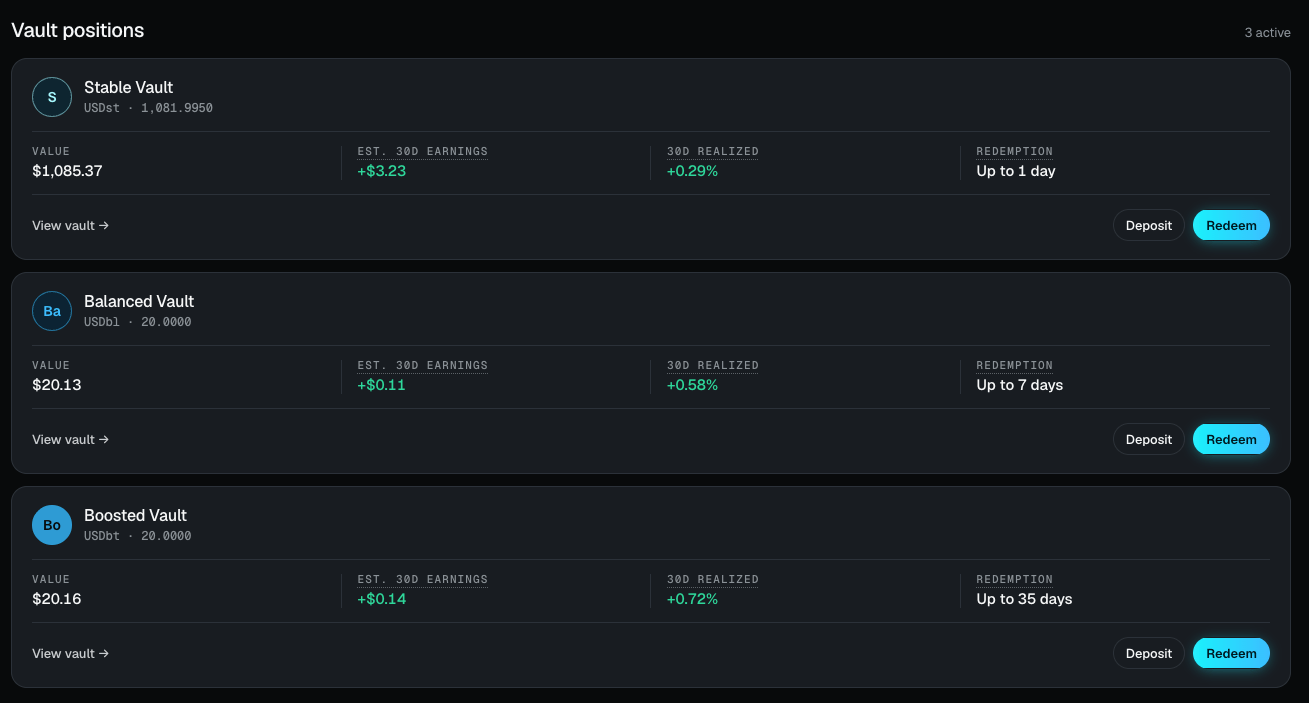 The Vault positions list showing an active position with value, earnings, 30-day yield, and withdrawal window, above the transaction history with Etherscan links