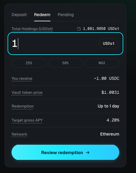 The Withdraw tab showing your receipt-token holdings, the amount field with 25%, 50%, and MAX shortcuts, and the USDC you will receive